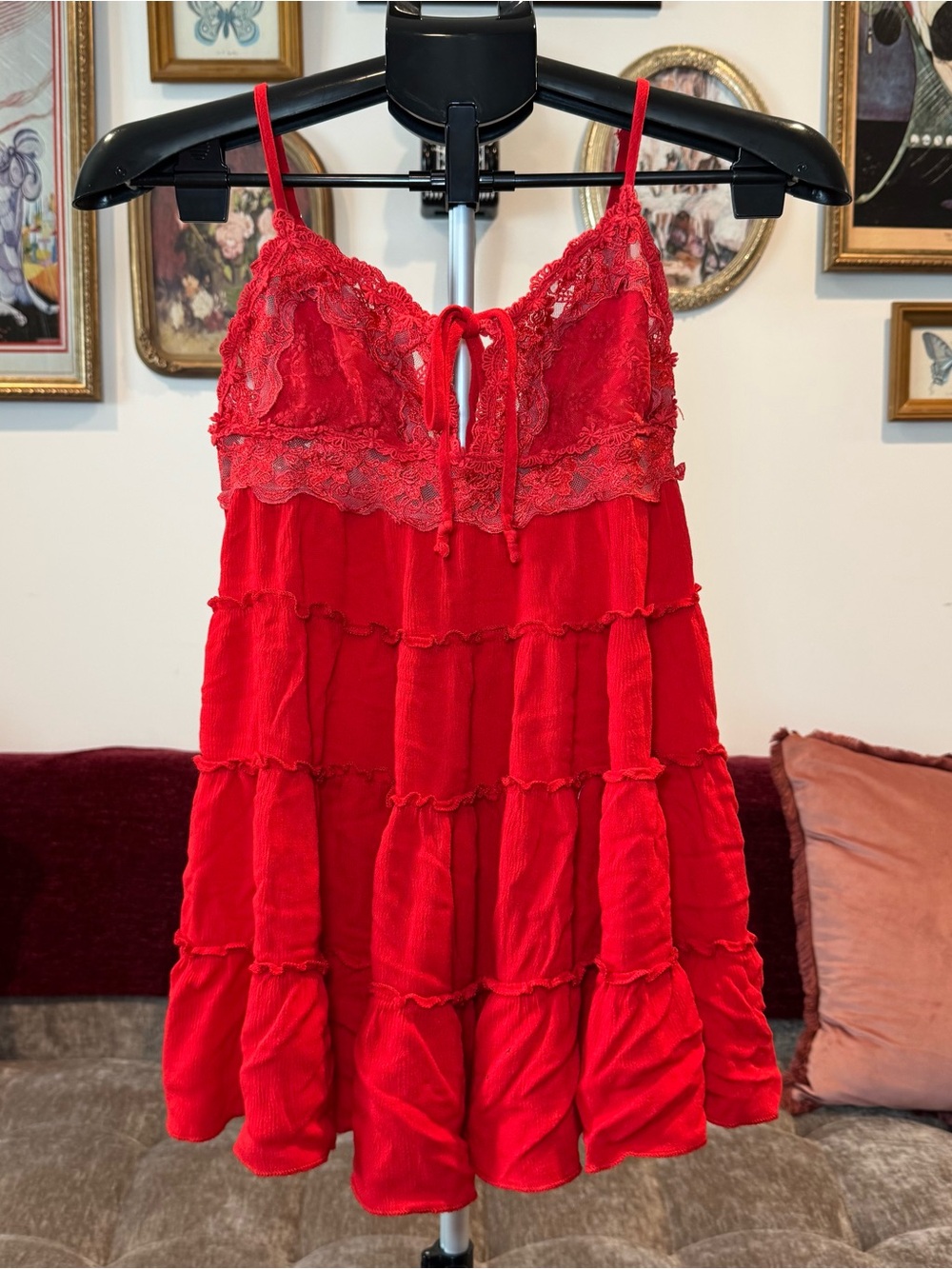 Stella Vibrant Red Lace Tiered Babydoll Cami Tank Top